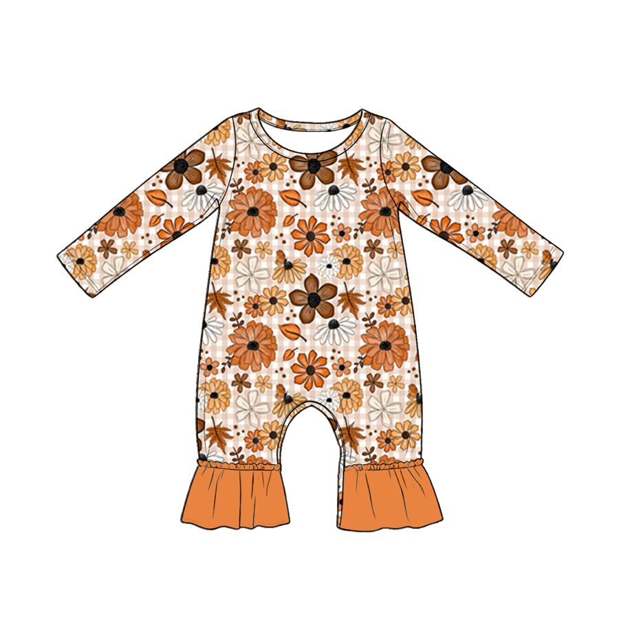 MOQ 5 PCS preorder LR3025 Flower Leaf Orange Plaid Long Sleeve Girls Romper 202604