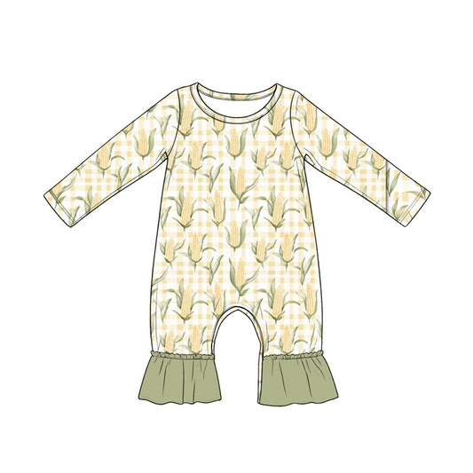 MOQ 5 PCS preorder LR3026 Corn Yellow Green Plaid Long Sleeve Girls Romper 202604