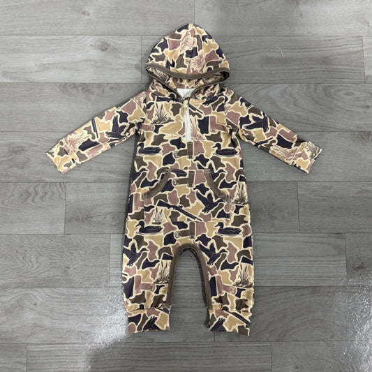 NO MOQ preorder LR3029 Duck Hunting Gray Green Camouflage Hooded Long Sleeve Boys Romper 202607