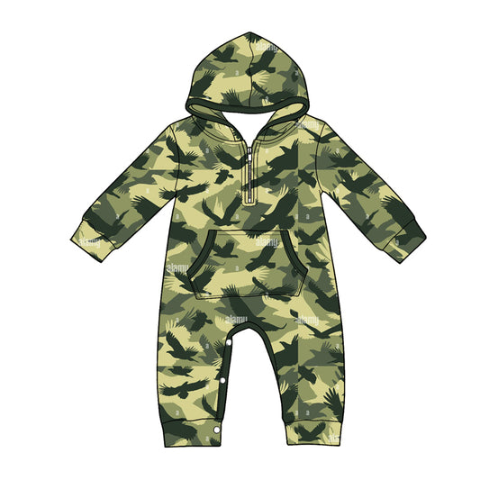 MOQ 5 PCS preorder LR3030 Eagle Pattern Hunting Green Camouflage Hooded Long Sleeve Boys Romper 202604