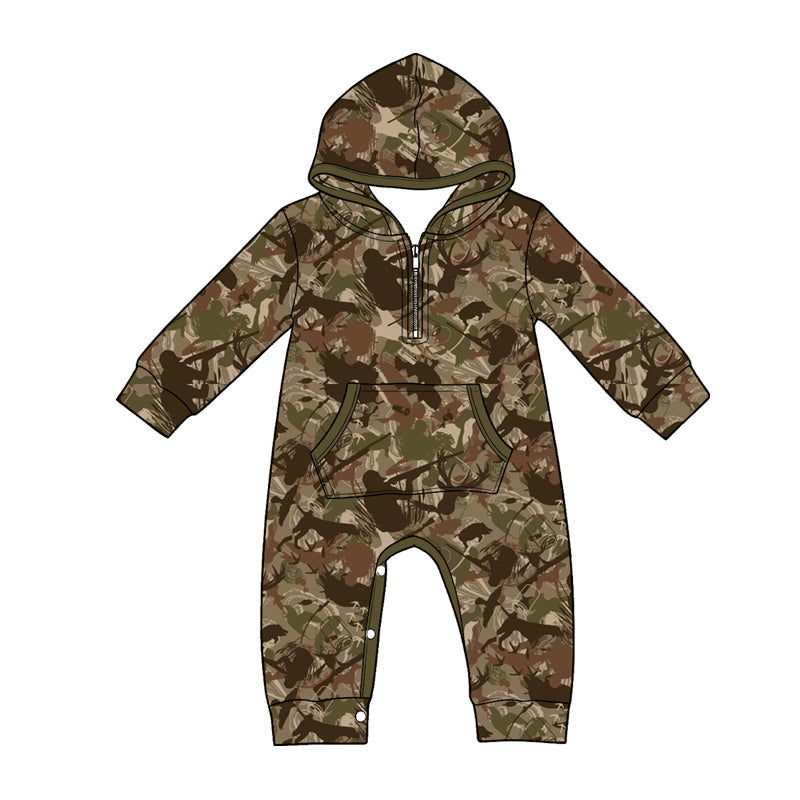MOQ 5 PCS preorder LR3031 Puppy Deer Duck Hunting Brown Camouflage Hooded Long Sleeve Boys Romper 202604