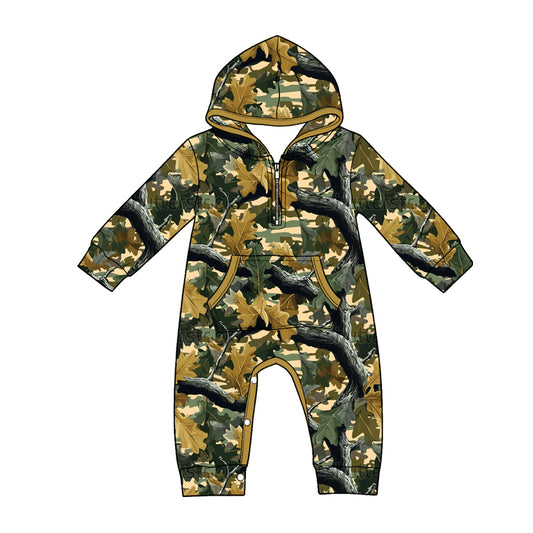 MOQ 5 PCS preorder LR3032 Branches Leaves Hunting Brown Green Hooded Long Sleeve Boys Romper 202604