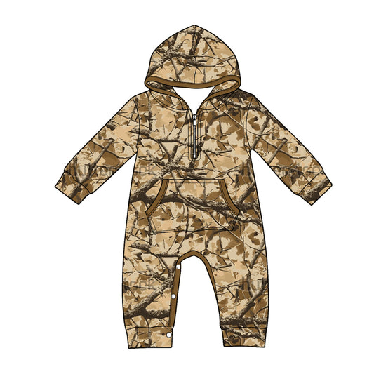 MOQ 5 PCS preorder LR3033 Branches Leaves Hunting Light Brown Hooded Long Sleeve Boys Romper 202604