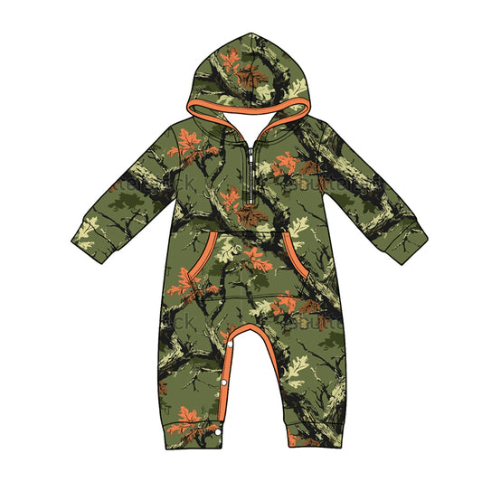 MOQ 5 PCS preorder LR3034 Branches Leaves Hunting Green Hooded Long Sleeve Boys Romper 202604
