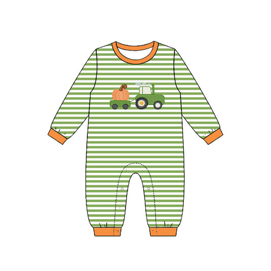MOQ 5 PCS preorder LR3036 Pumpkin Truck Green Stripe Long Sleeve Boys Romper 202604