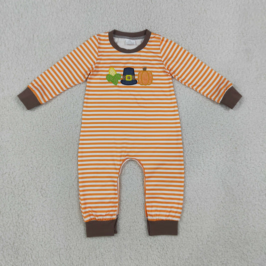 LR3037 Embroidered Pumpkin Corn Orange Stripe Long Sleeve Boys Romper 202608 RTS