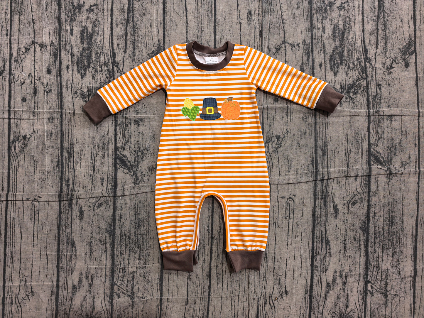 NO MOQ preorder LR3037 Embroidered Pumpkin Corn Orange Stripe Long Sleeve Boys Romper 202606