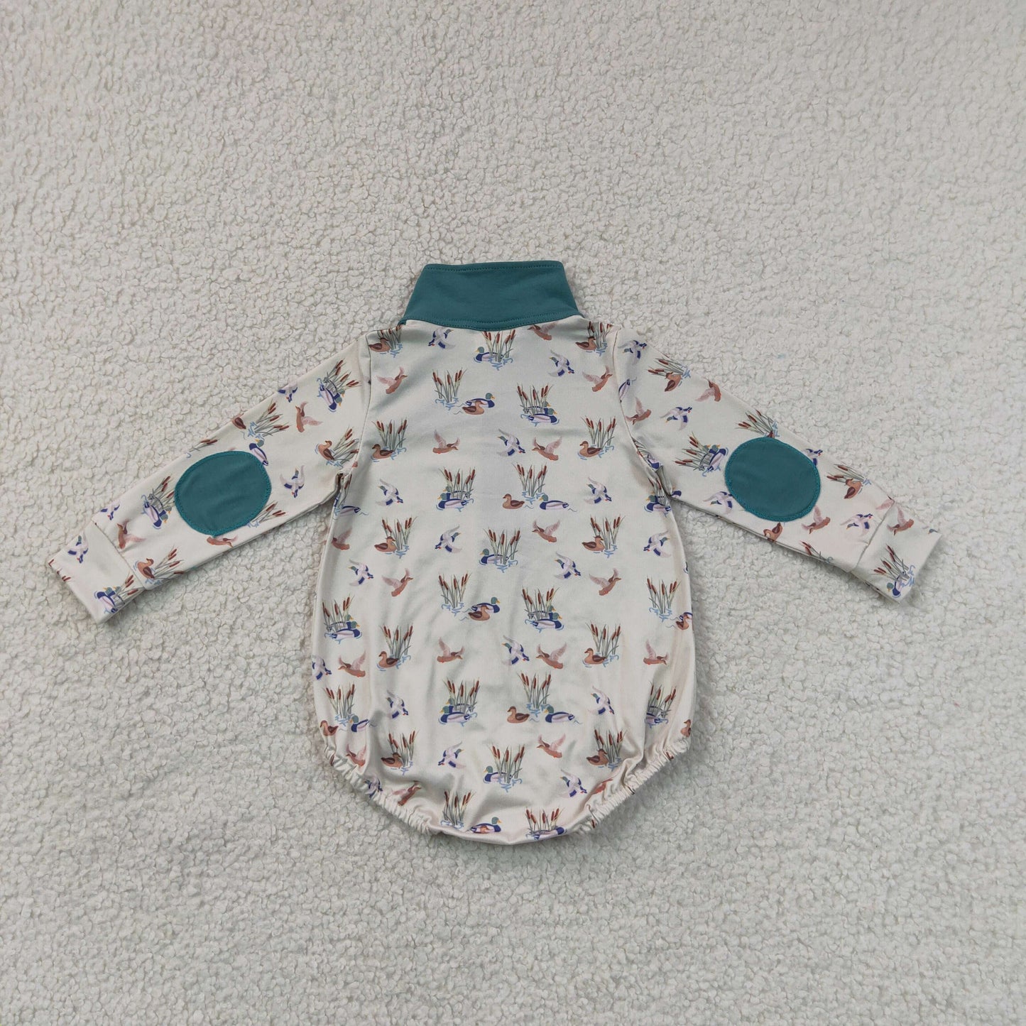 LR3052 Duck Hunting Dark Green Polo Beige Long Sleeve Boys Bubble Romper 202607 RTS