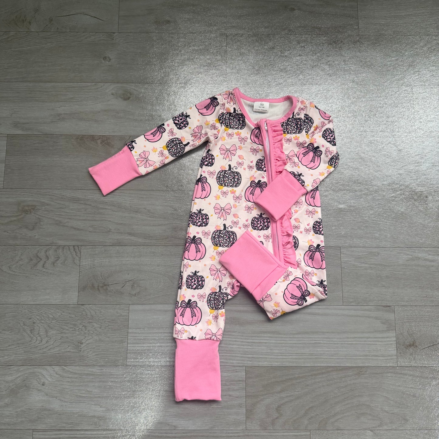NO MOQ preorder LR3061 Leopard Pumpkin Bows Pink Ruffle Zip Long Sleeve Girls Romper 202607