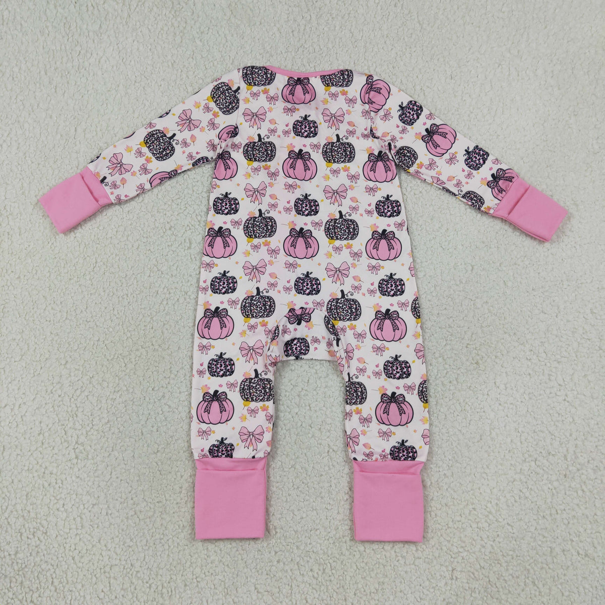 LR3061 Leopard Pumpkin Bows Pink Ruffle Zip Long Sleeve Girls Romper 202608 RTS