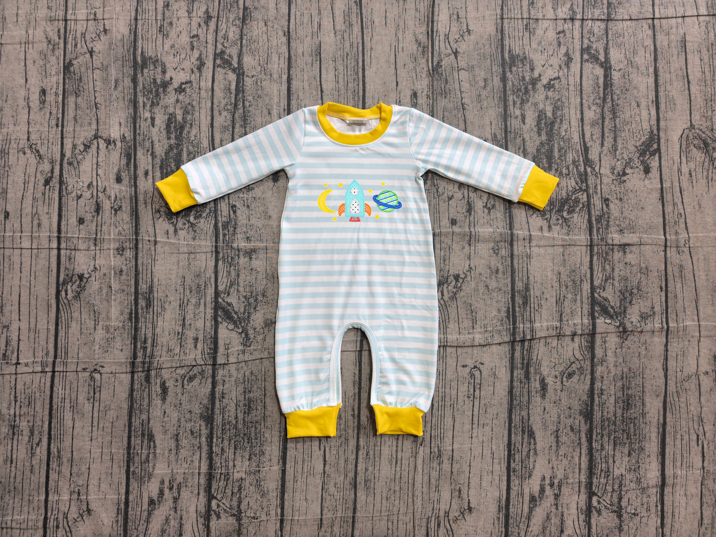 NO MOQ preorder LR3062 Embroidered Moon Rocket Blue Stripe Yellow Long Sleeve Boys Romper 202606