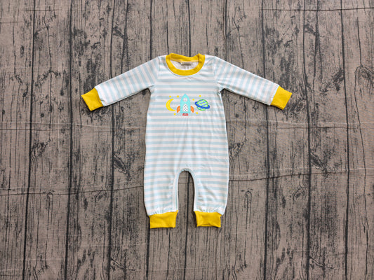NO MOQ preorder LR3062 Embroidered Moon Rocket Blue Stripe Yellow Long Sleeve Boys Romper 202606