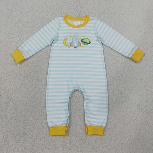 LR3062 Embroidered Moon Rocket Blue Stripe Yellow Long Sleeve Boys Romper 202608 RTS