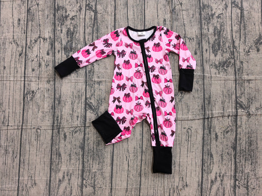 NO MOQ preorder LR3069 Pumpkin Bows Rose Red Black Zip Long Sleeve Girls Romper 202606