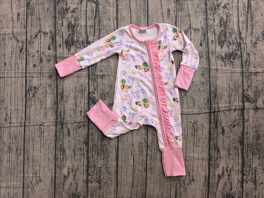 NO MOQ preorder LR3071 Ducks Bows Pink Ruffle Zip Long Sleeve Girls Romper 202606