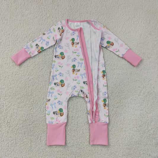 LR3071 Ducks Bows Pink Ruffle Zip Long Sleeve Girls Romper 202607 RTS