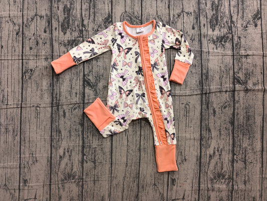 NO MOQ preorder LR3078 Halloween Bows Star Orange Ruffle Zip Long Sleeve Girls Romper 202606
