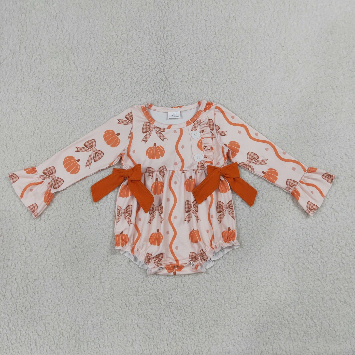 LR3083 Bows Pumpkin Orange Flare Long Sleeve Girls Bubble Romper 202607 RTS