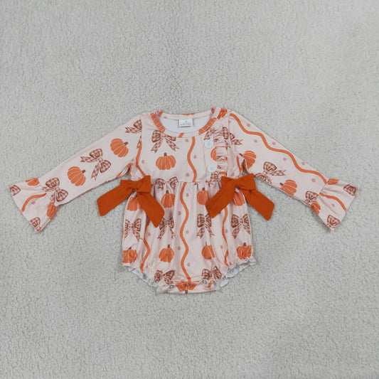 LR3083 Bows Pumpkin Orange Flare Long Sleeve Girls Bubble Romper 202607 RTS