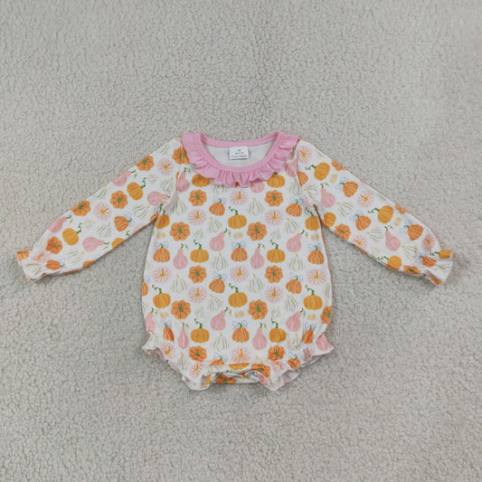 LR3098 Bows Pumpkin Pink Ruffle Long Sleeve Girls Bubble Romper 202607 RTS
