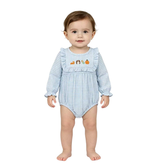 LR3104 Thanksgiving Day Embroidery Turkey Pumpkin Pie Baby Bubble Romper