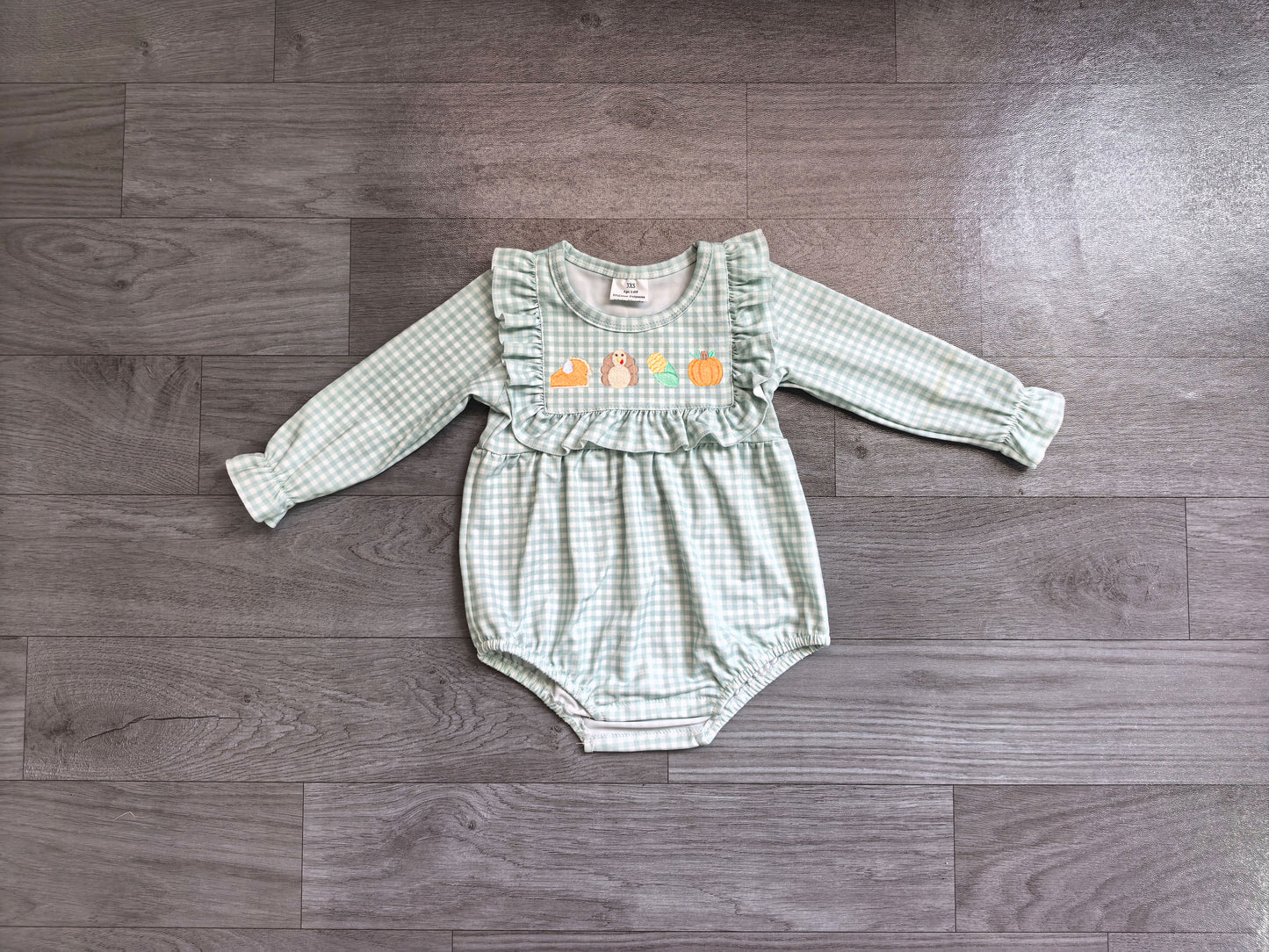 NO MOQ preorder LR3104 Embroidered Thanksgiving Turkey Pumpkin Ruffle Pea Green Plaid Long Sleeve Girls Bubble Romper 202607