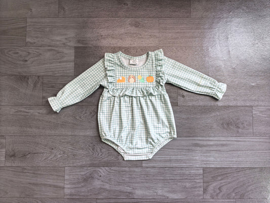 NO MOQ preorder LR3104 Embroidered Thanksgiving Turkey Pumpkin Ruffle Pea Green Plaid Long Sleeve Girls Bubble Romper 202607