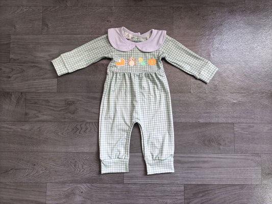 NO MOQ preorder LR3105 Embroidered Thanksgiving Turkey Pumpkin Ruffle Pea Green Plaid Long Sleeve Girls Romper 202607