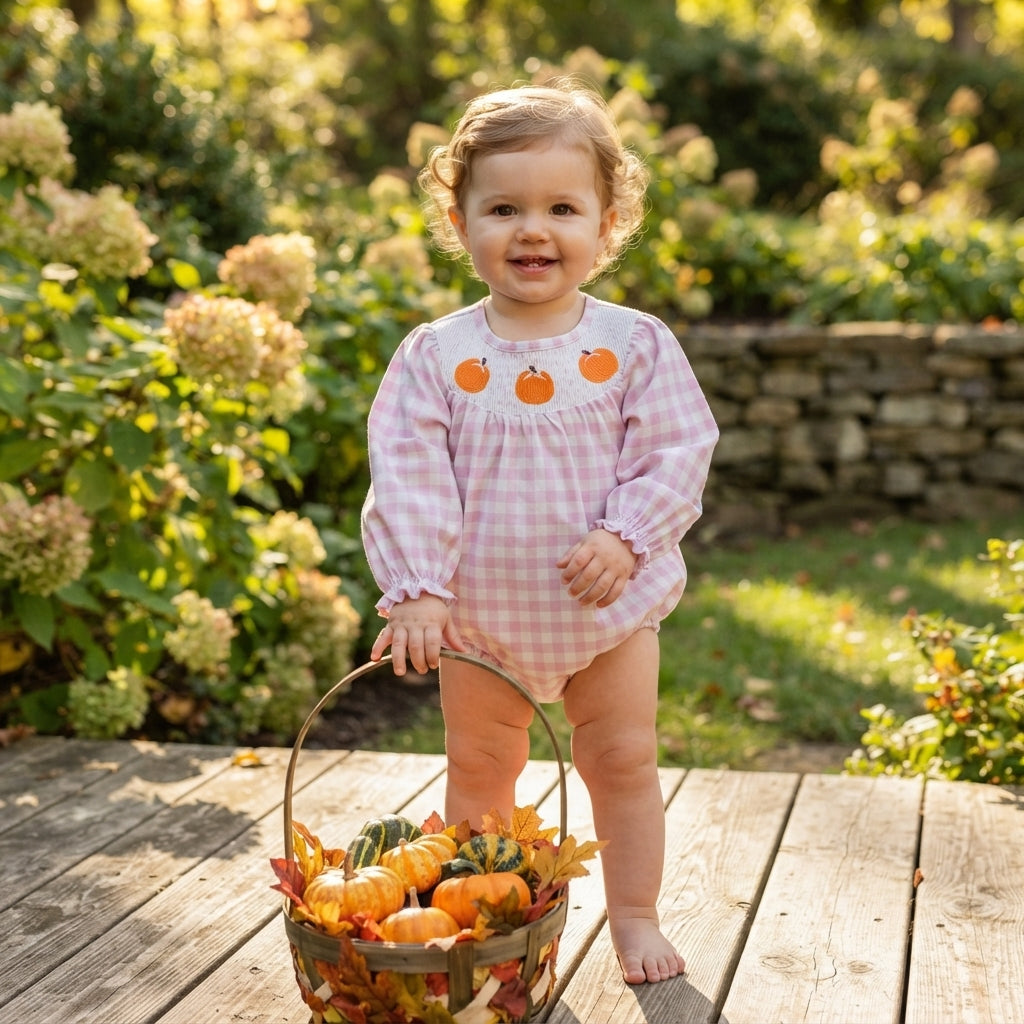 LR3106 Smocked Fall Pumpkin Bows Plaid Purple Baby Bubble Romper