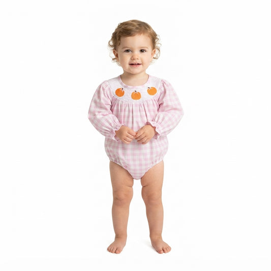LR3106 Smocked Fall Pumpkin Bows Plaid Purple Baby Bubble Romper