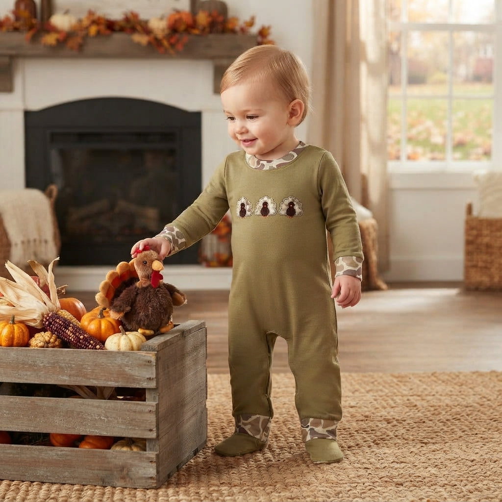 LR3109 Embroidery Thanksgiving Day Turkey Camo Baby Boys Romper