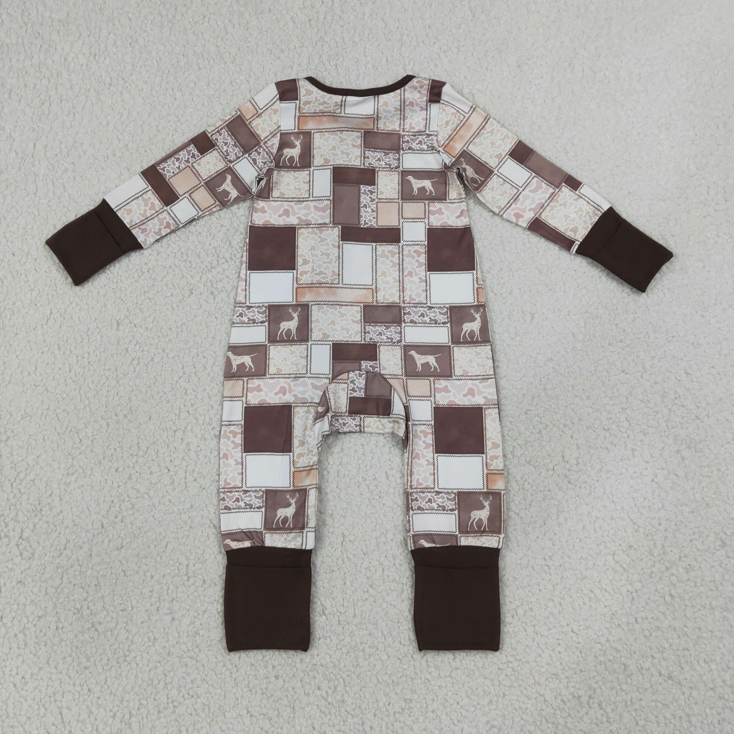 LR3118 Puppy Plaid Camo Brown Zip Long Sleeve Boys Romper 202607 RTS