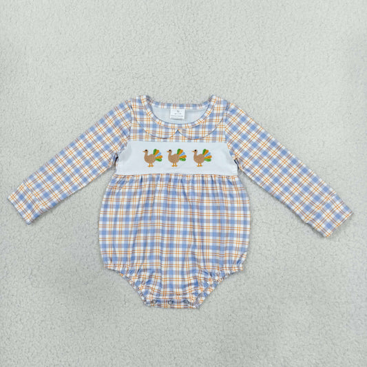 LR3132 Embroidery Thanksgiving Day Turkey Plaid Baby Bubble Romper
