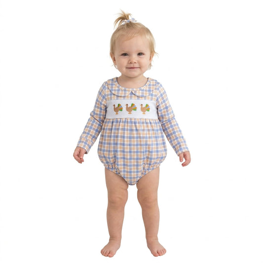 LR3132 Embroidery Thanksgiving Day Turkey Plaid Baby Bubble Romper
