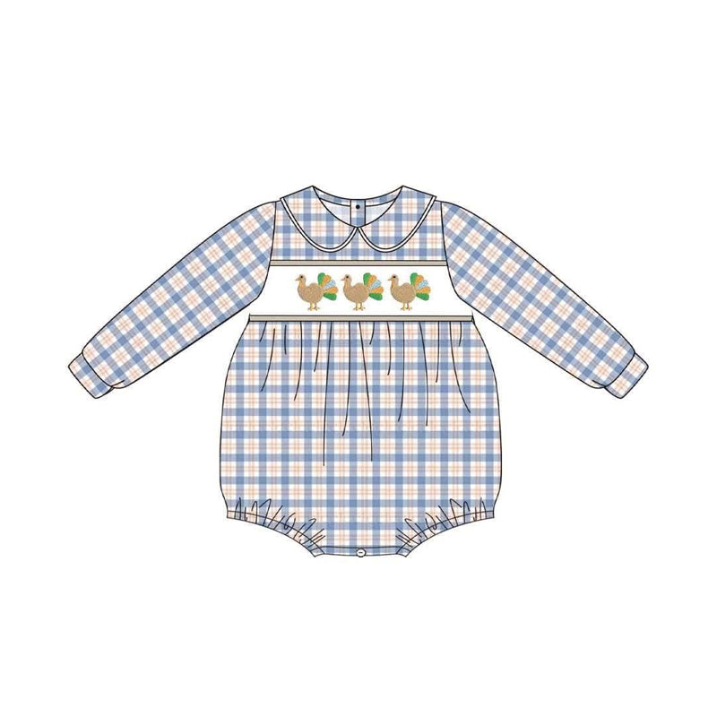 MOQ 5 PCS preorder LR3132 Thanksgiving Turkey Plaid Long Sleeve Boys Bubble Romper 202607 Sibling