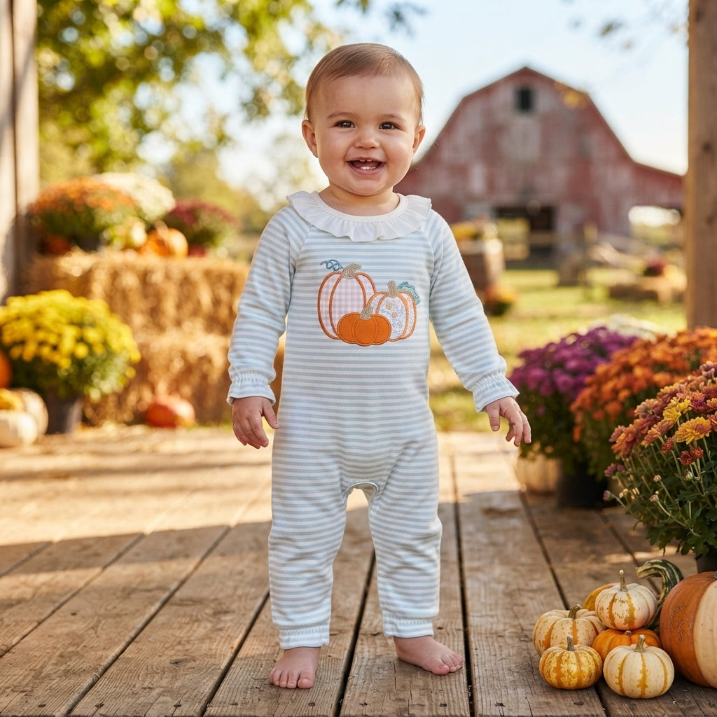 LR3137 Embroidery Fall Pumpkin Stripe Green Baby Girls Romper
