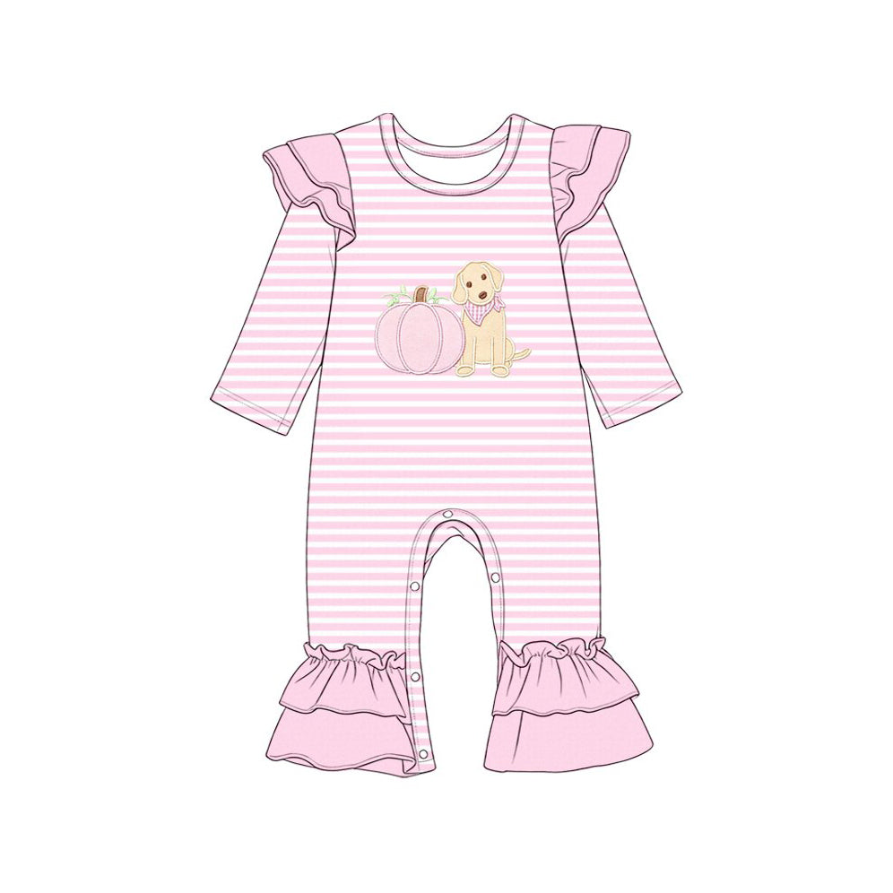 MOQ 5 PCS preorder LR3140 Puppy Pumpkin Pink Stripe Ruffle Long Sleeve Girls Romper 202607