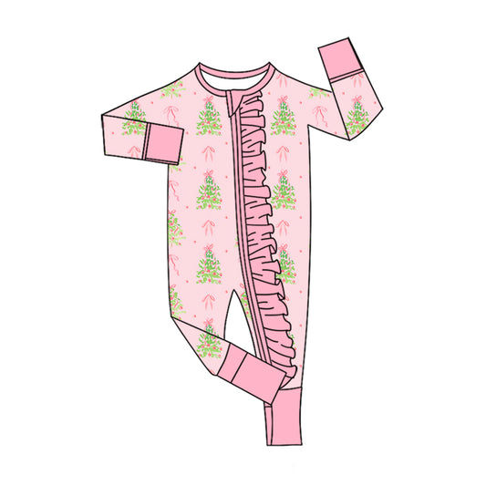 MOQ 5 PCS preorder LR3152 Christmas Trees Bows Pink Ruffle Zip Long Sleeve Girls Romper 202607