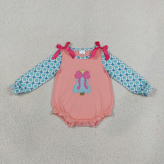 LR3164 Christmas Embroidery Trees Pink Bows Baby Bubble Romper 202609 RTS