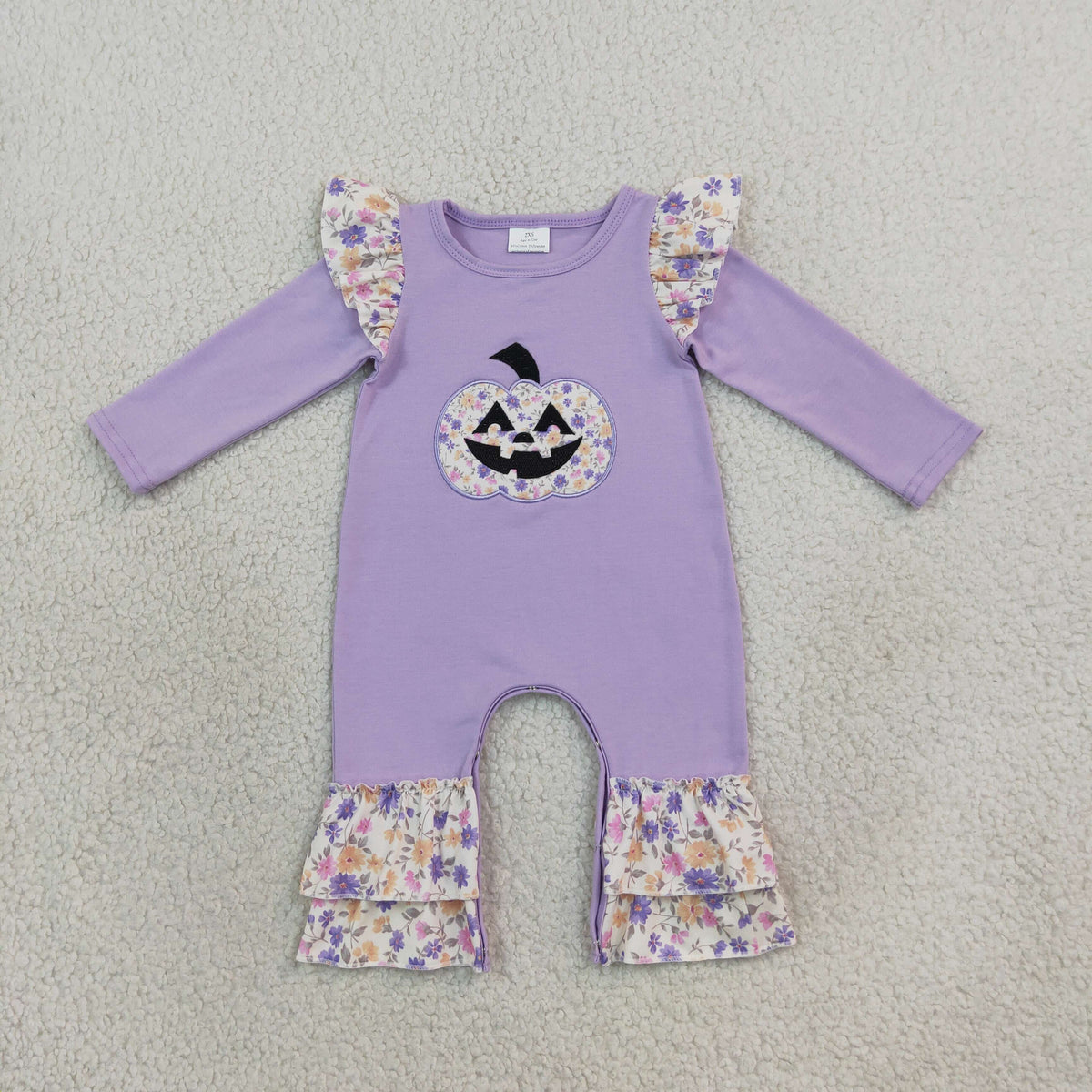 LR3221 Embroidery Halloween Pumpkin Flower Baby Girls Romper