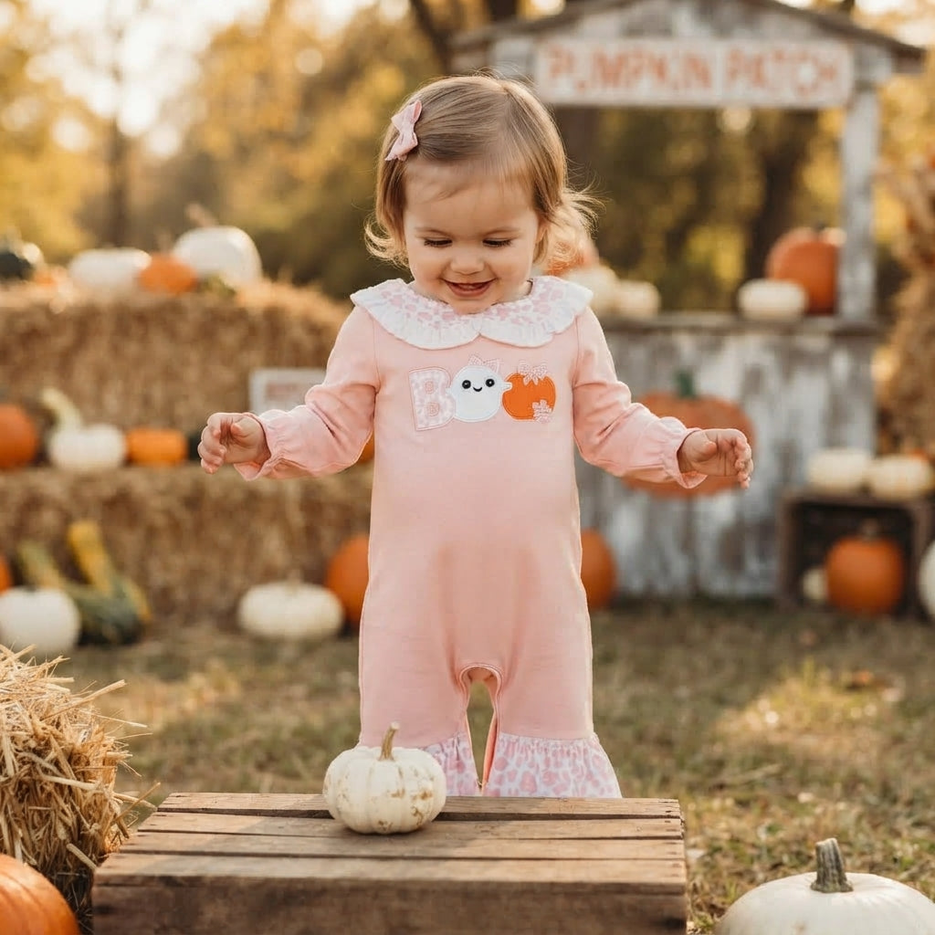 LR3223 Embroidery Halloween Boo Ghost Pumpkin Pink Baby Girls Romper