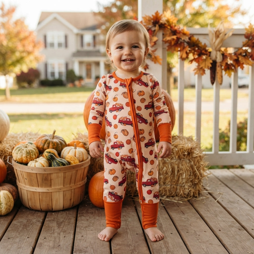 LR3234 Pumpkin Trucks Baby Footie Sleepers Romper