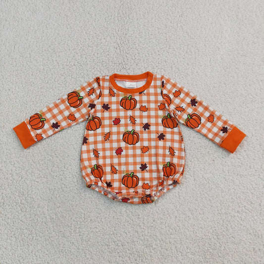 LR3236 Pumpkin Leaves Plaid Baby Boys Romper 202609 RTS