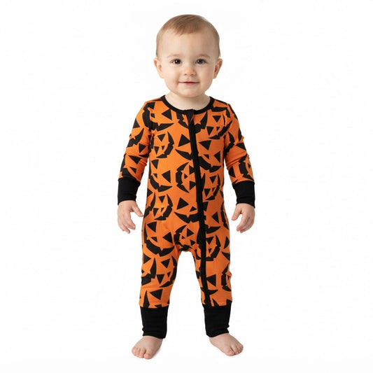 LR3243 Halloween Pumpkin Ghost Baby Footie Sleepers Romper