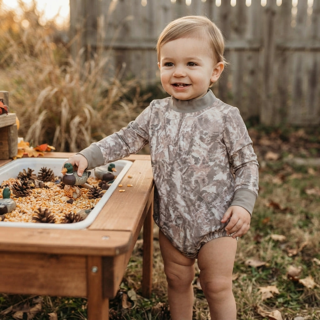 LR3308 Hunting Leaves Camo Middle Neckline Yoga Baby Bubble Romper