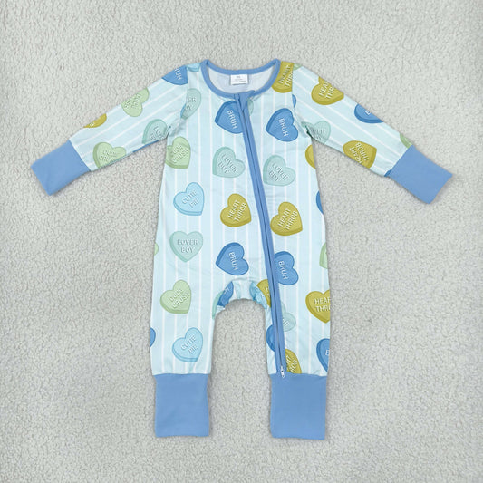 LR3326 Valentine's Love Stripe Blue Baby Footie Sleepers Romper