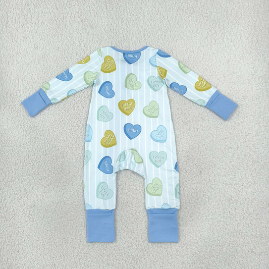 LR3326 Valentine's Love Stripe Blue Baby Footie Sleepers Romper