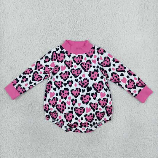 LR3332 Valentine's Day Love Leopard Rose Red Mockneck Baby Bubble Romper