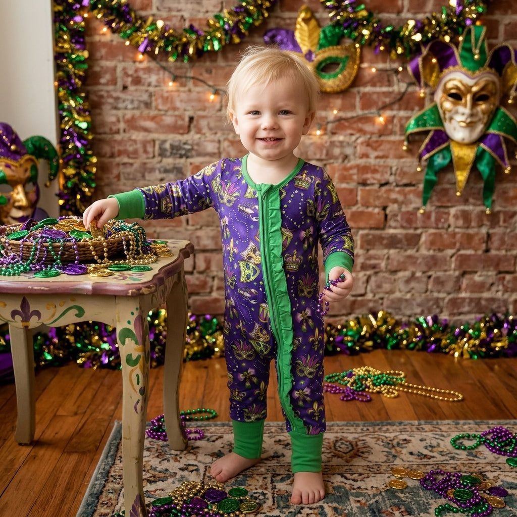 LR3334 Mardi Gras Mask Ruffle Baby Footie Sleepers Romper
