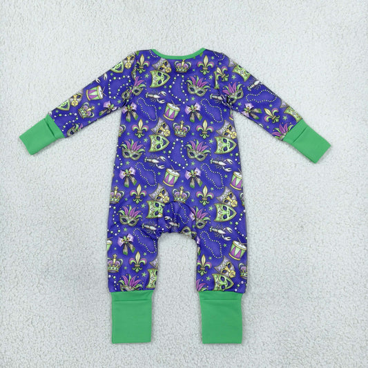 LR3334 Mardi Gras Mask Ruffle Baby Footie Sleepers Romper